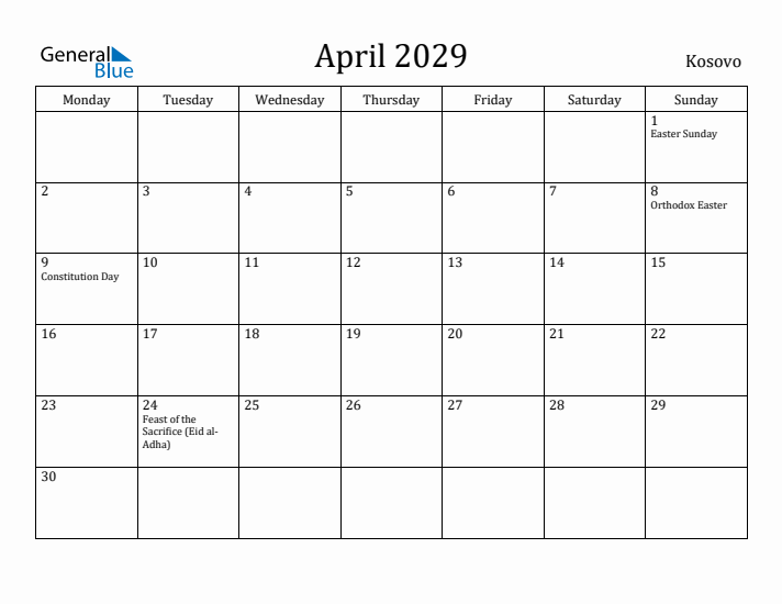 April 2029 Calendar Kosovo