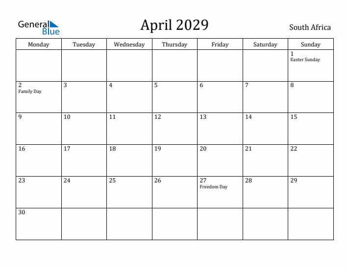 April 2029 Calendar South Africa