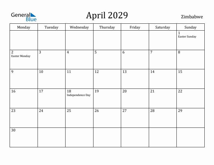 April 2029 Calendar Zimbabwe