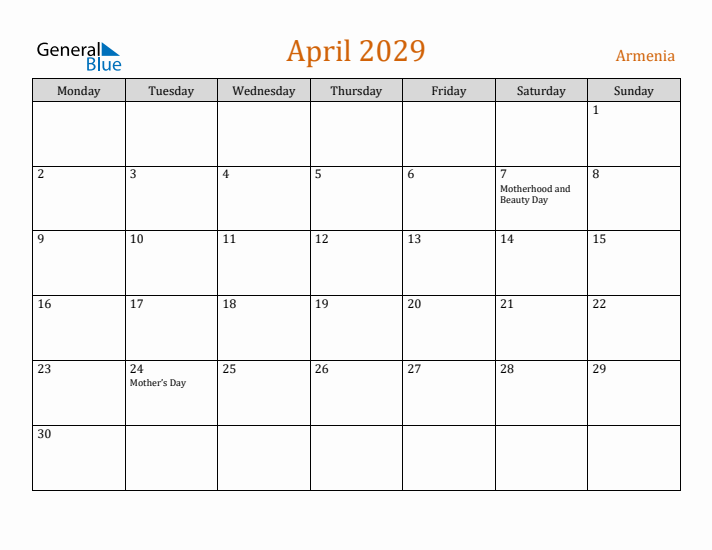 April 2029 Holiday Calendar with Monday Start