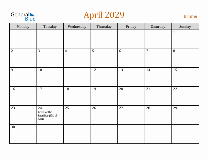 April 2029 Holiday Calendar with Monday Start