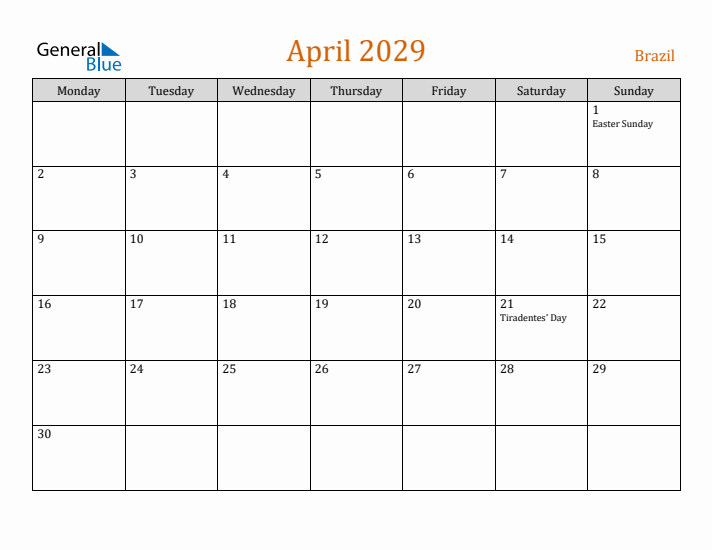 April 2029 Holiday Calendar with Monday Start