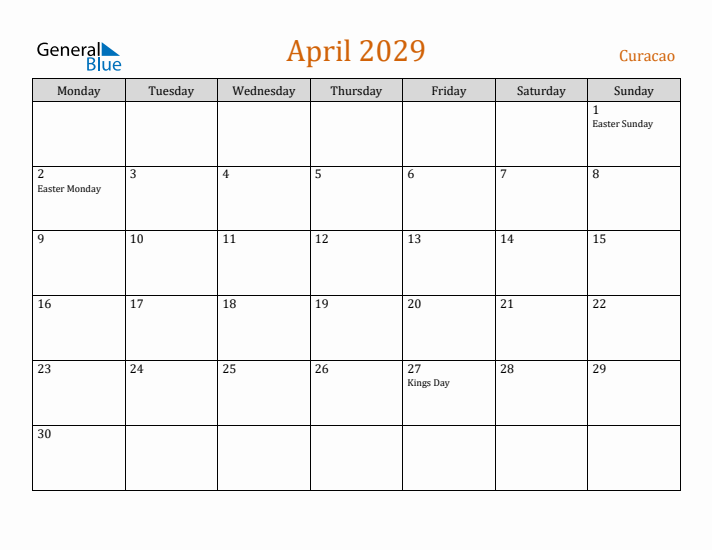 April 2029 Holiday Calendar with Monday Start