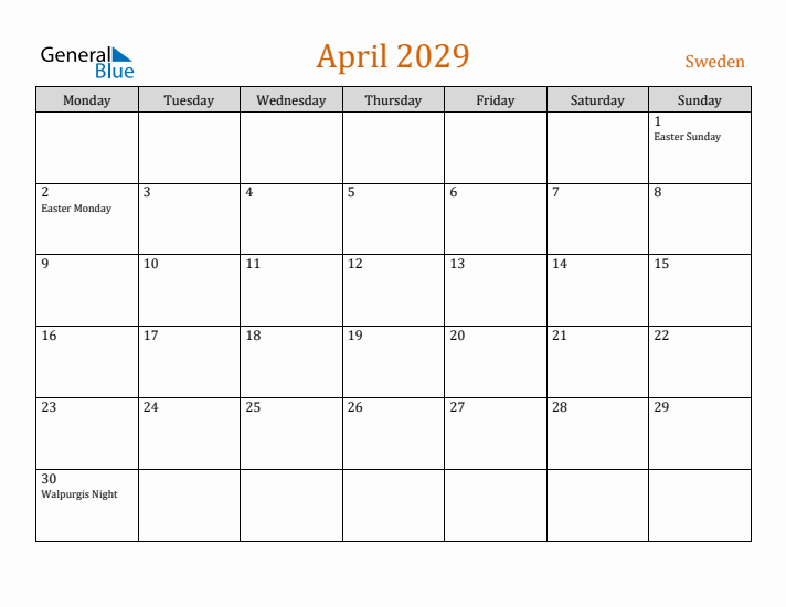 April 2029 Holiday Calendar with Monday Start