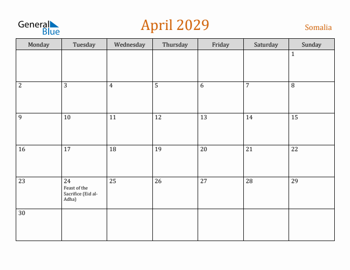 April 2029 Holiday Calendar with Monday Start