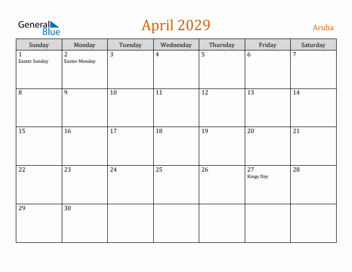 April 2029 Holiday Calendar with Sunday Start