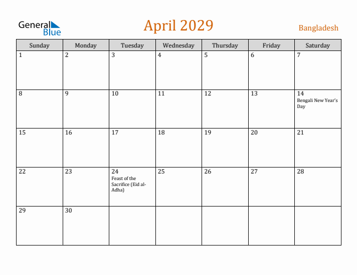 April 2029 Holiday Calendar with Sunday Start