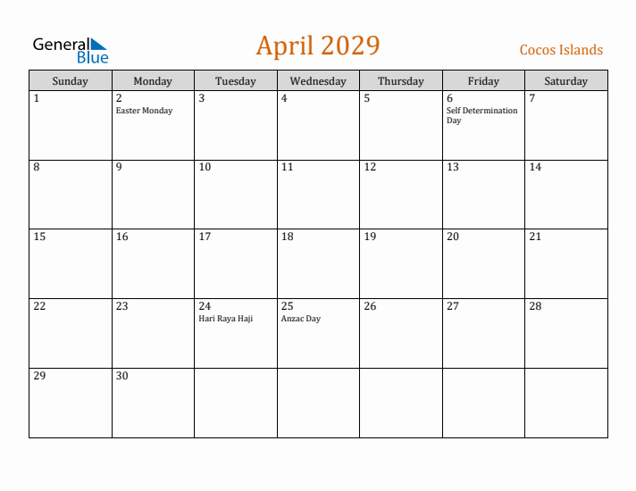 April 2029 Holiday Calendar with Sunday Start