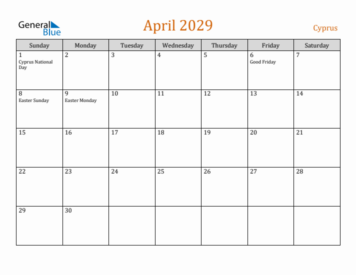 April 2029 Holiday Calendar with Sunday Start