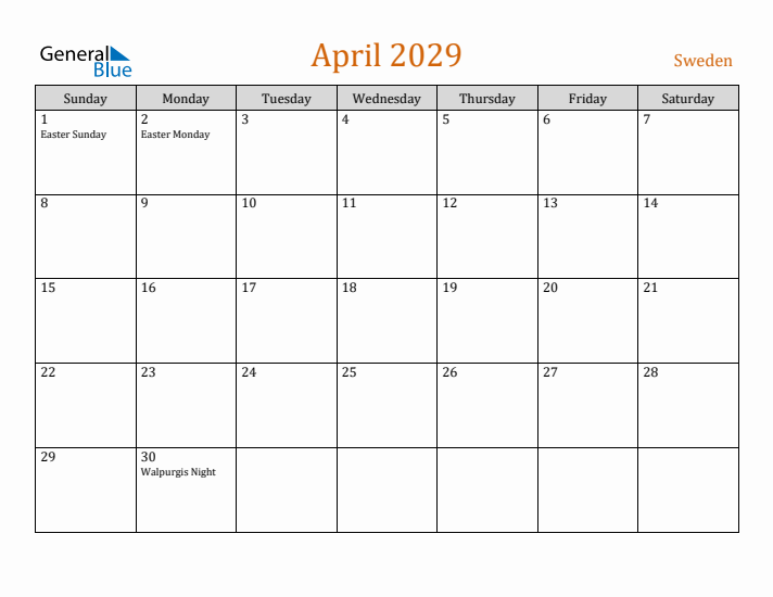 April 2029 Holiday Calendar with Sunday Start