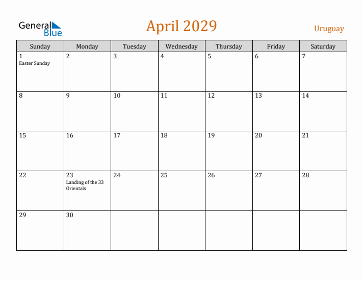 April 2029 Holiday Calendar with Sunday Start