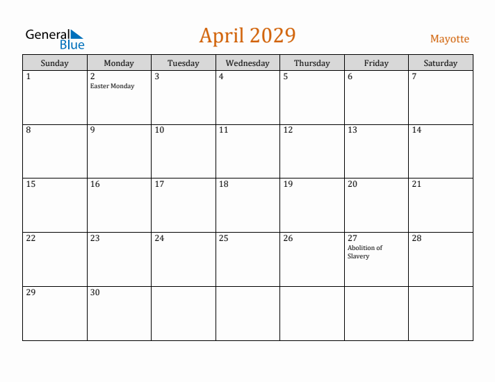 April 2029 Holiday Calendar with Sunday Start