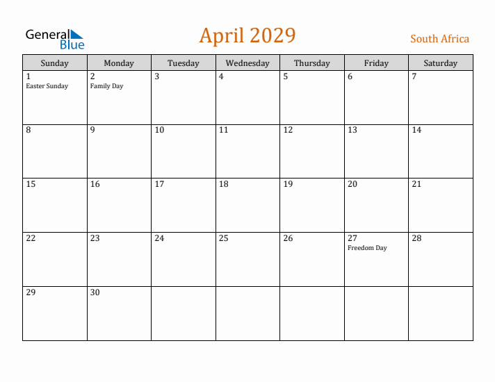 April 2029 Holiday Calendar with Sunday Start