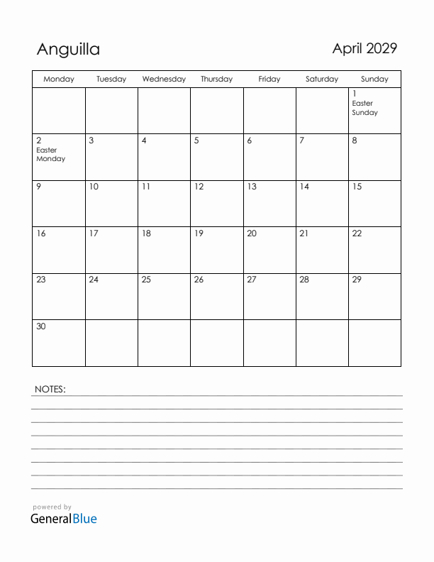 April 2029 Anguilla Calendar with Holidays (Monday Start)