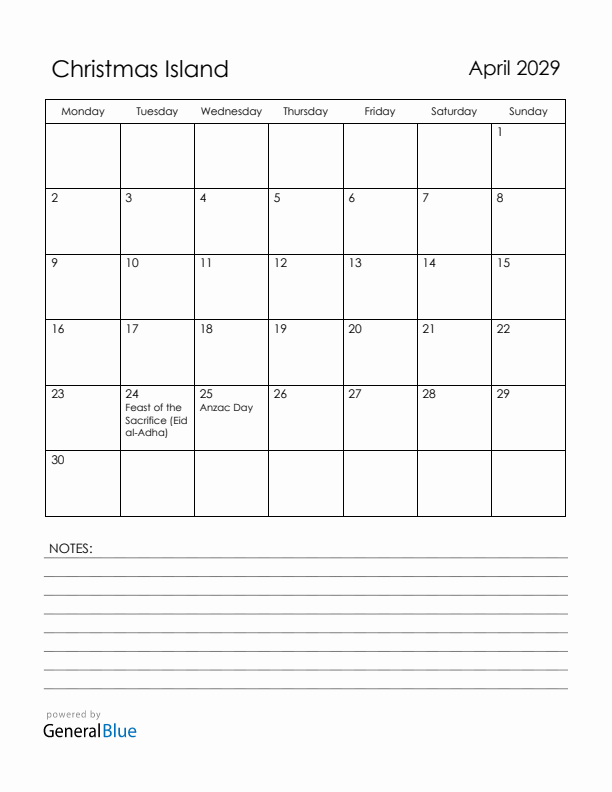 April 2029 Christmas Island Calendar with Holidays (Monday Start)