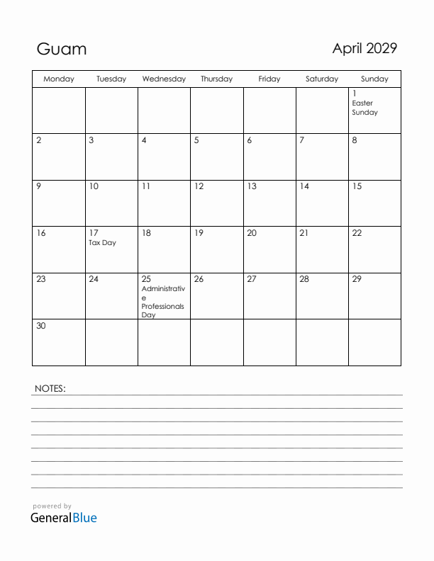 April 2029 Guam Calendar with Holidays (Monday Start)