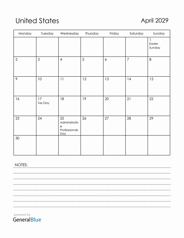 April 2029 United States Calendar with Holidays (Monday Start)