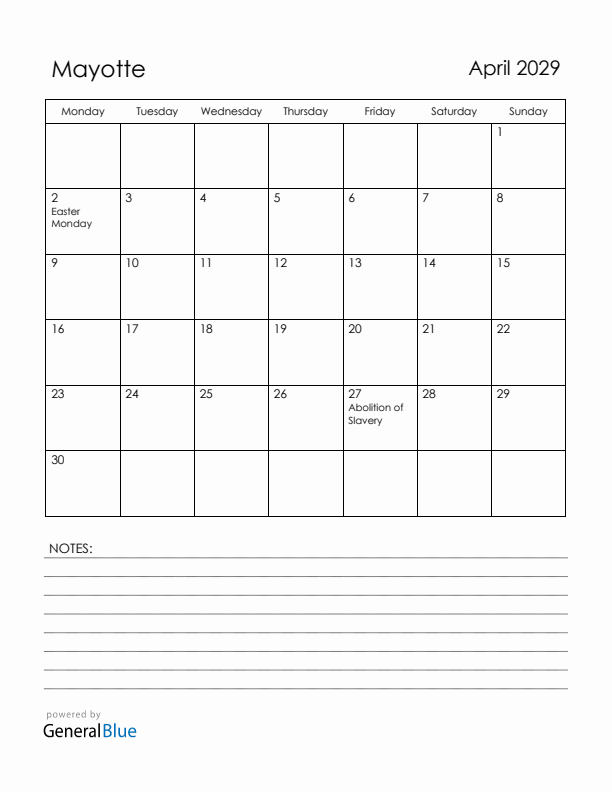 April 2029 Mayotte Calendar with Holidays (Monday Start)