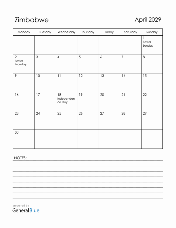April 2029 Zimbabwe Calendar with Holidays (Monday Start)