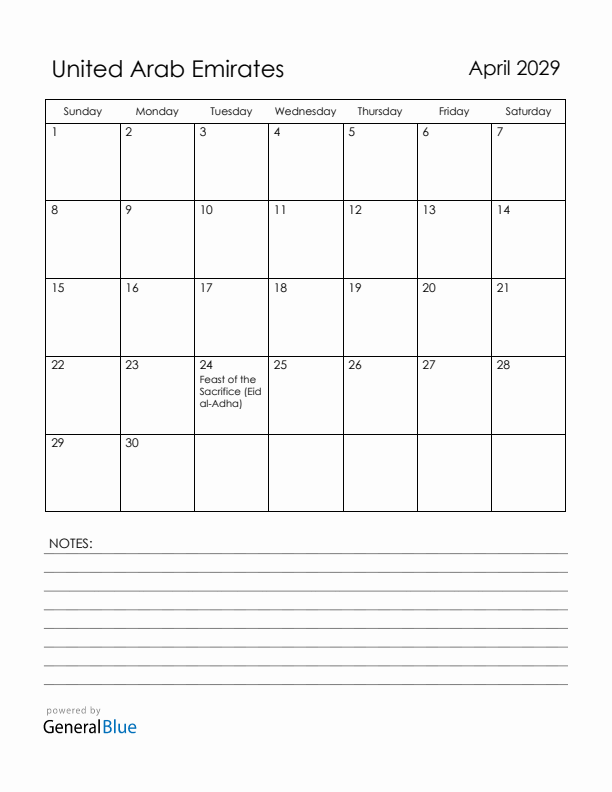 April 2029 United Arab Emirates Calendar with Holidays (Sunday Start)