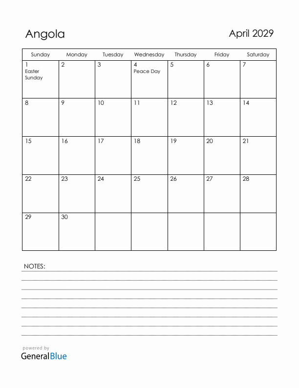 April 2029 Angola Calendar with Holidays (Sunday Start)