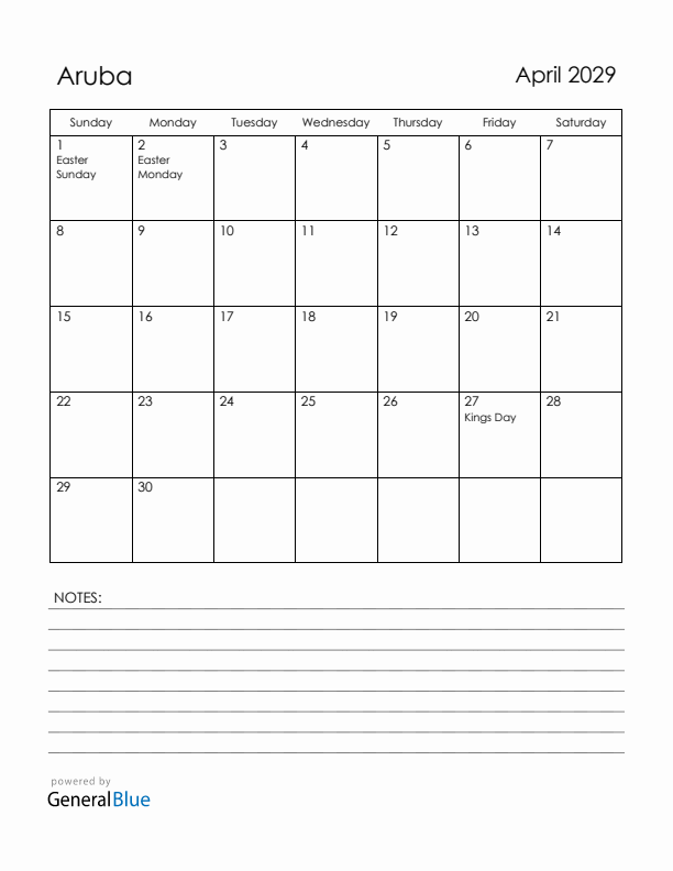 April 2029 Aruba Calendar with Holidays (Sunday Start)