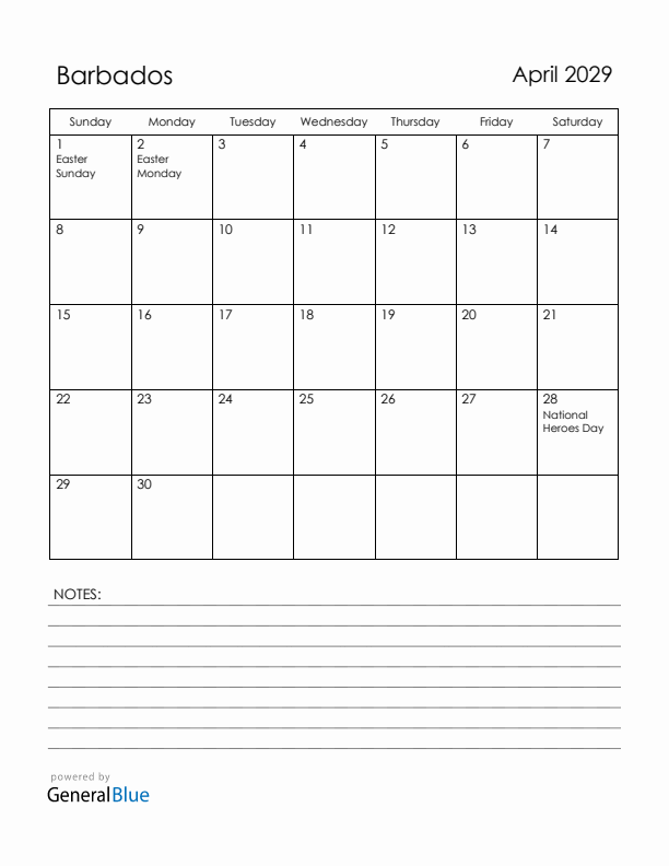 April 2029 Barbados Calendar with Holidays (Sunday Start)