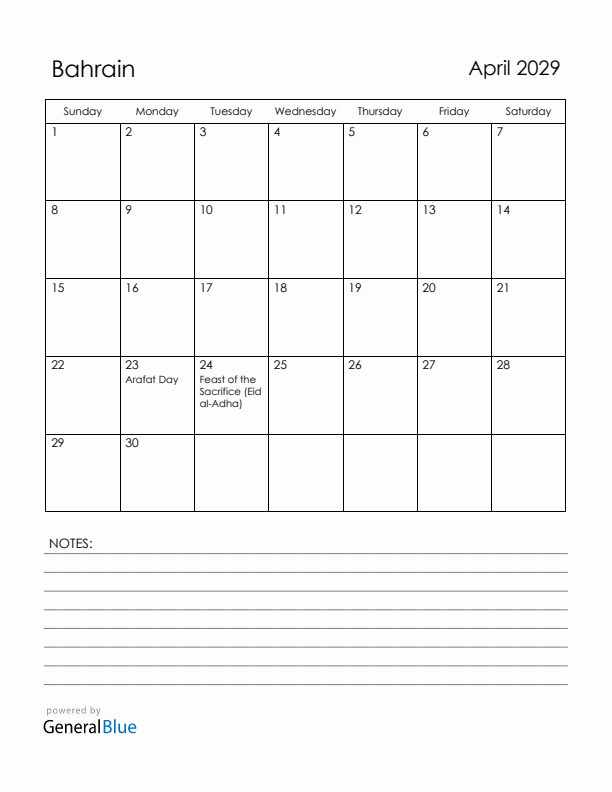 April 2029 Bahrain Calendar with Holidays (Sunday Start)