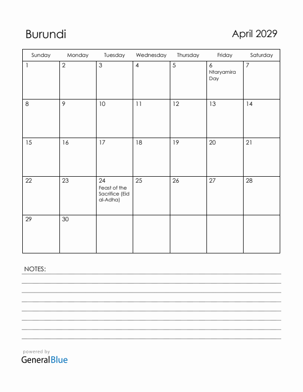 April 2029 Burundi Calendar with Holidays (Sunday Start)