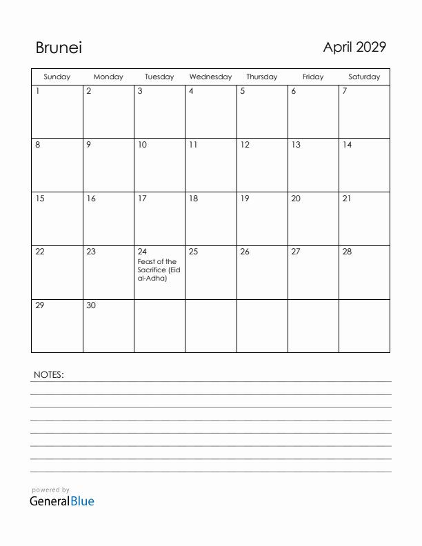 April 2029 Brunei Calendar with Holidays (Sunday Start)