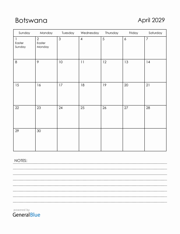 April 2029 Botswana Calendar with Holidays (Sunday Start)