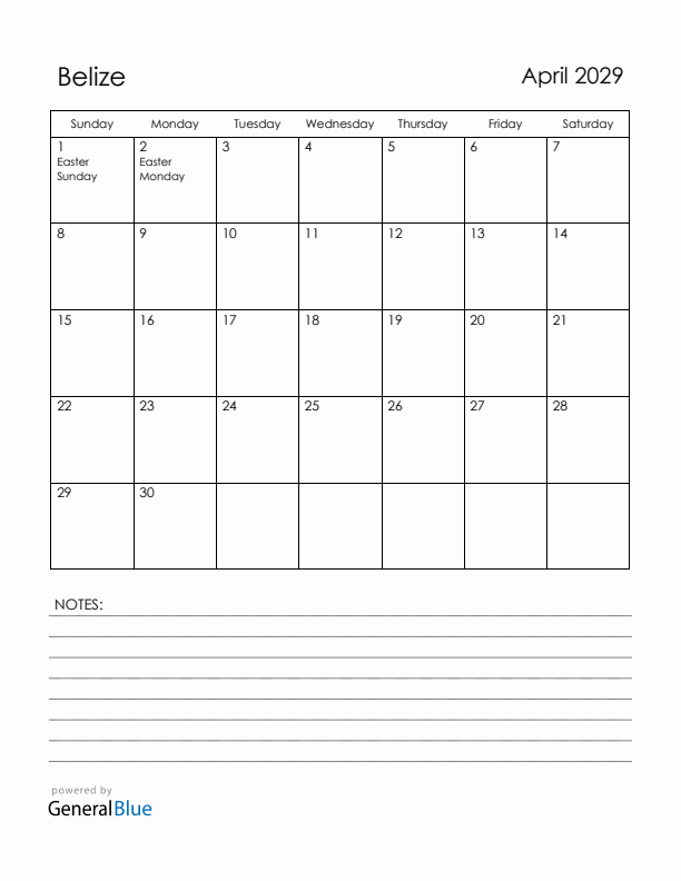 April 2029 Belize Calendar with Holidays (Sunday Start)