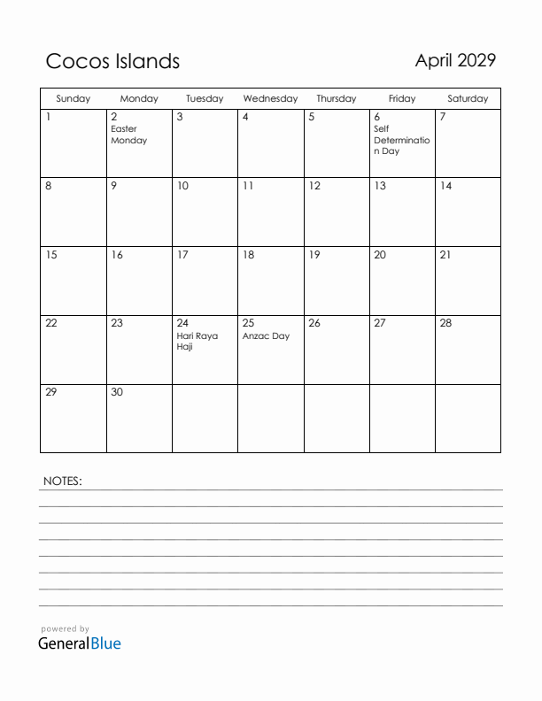 April 2029 Cocos Islands Calendar with Holidays (Sunday Start)