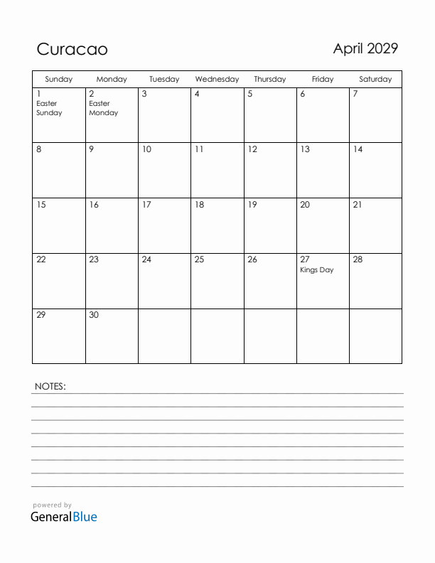 April 2029 Curacao Calendar with Holidays (Sunday Start)