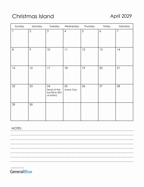 April 2029 Christmas Island Calendar with Holidays (Sunday Start)
