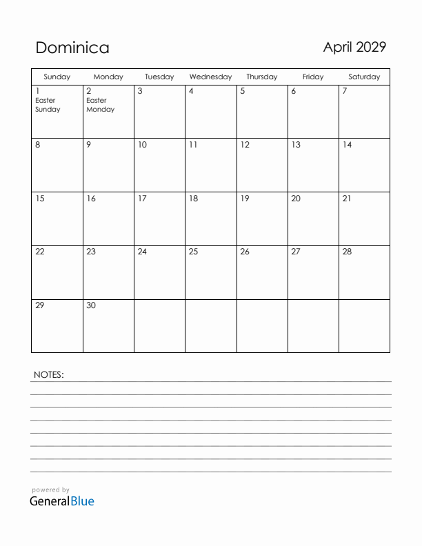 April 2029 Dominica Calendar with Holidays (Sunday Start)