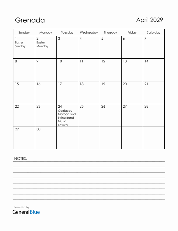 April 2029 Grenada Calendar with Holidays (Sunday Start)