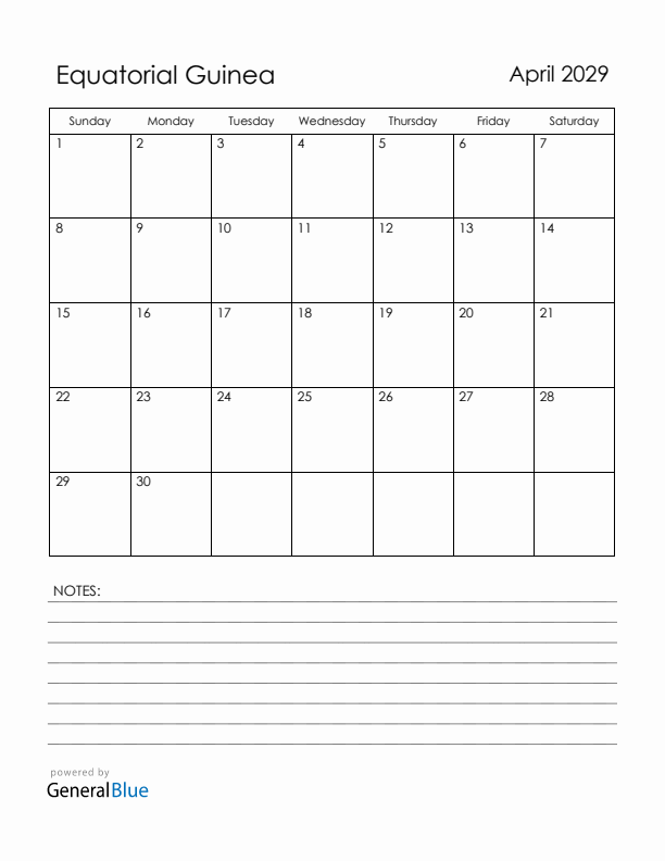 April 2029 Equatorial Guinea Calendar with Holidays (Sunday Start)