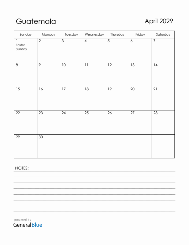 April 2029 Guatemala Calendar with Holidays (Sunday Start)