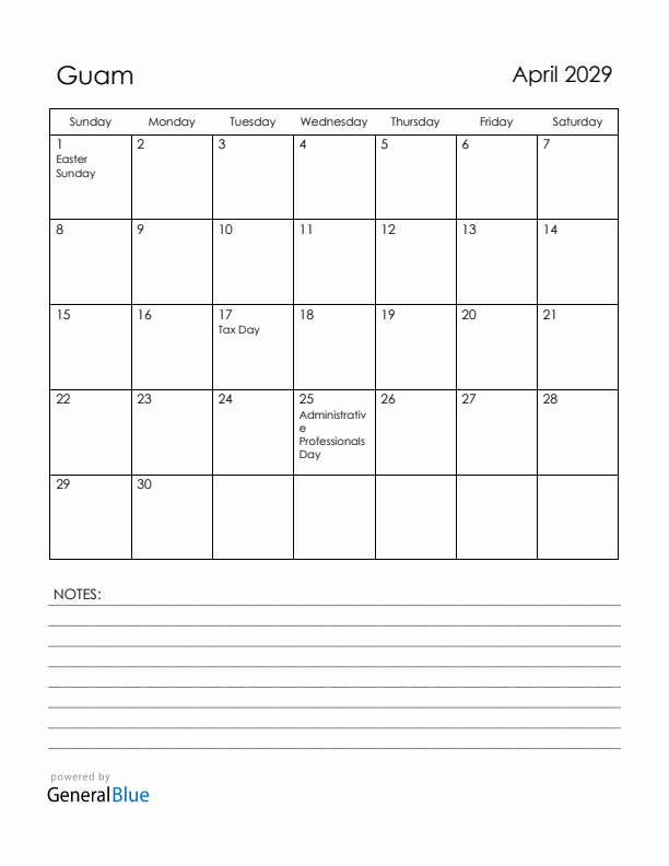 April 2029 Guam Calendar with Holidays (Sunday Start)