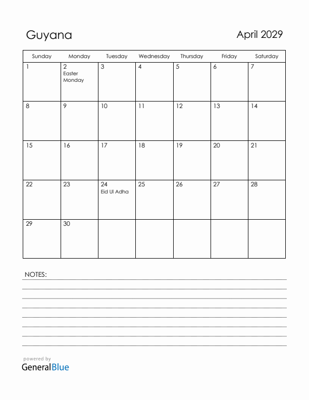 April 2029 Guyana Calendar with Holidays (Sunday Start)