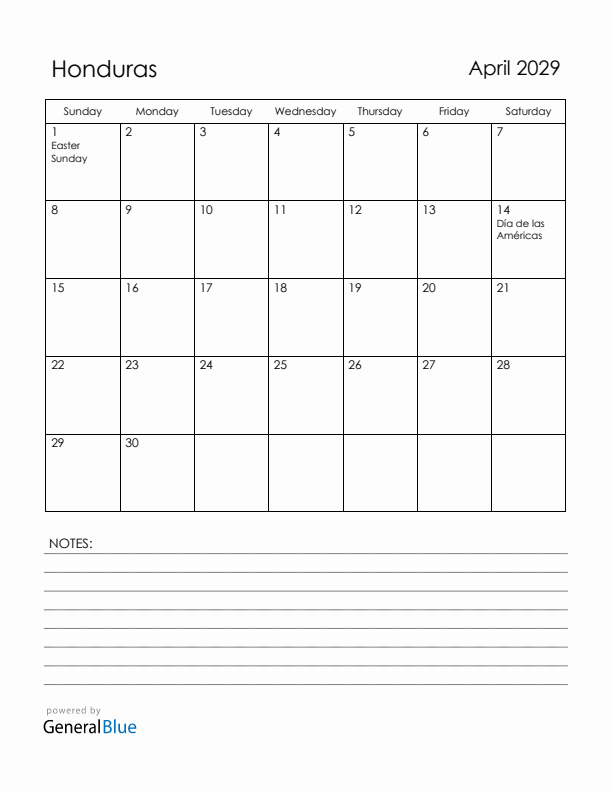 April 2029 Honduras Calendar with Holidays (Sunday Start)