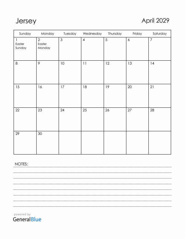 April 2029 Jersey Calendar with Holidays (Sunday Start)