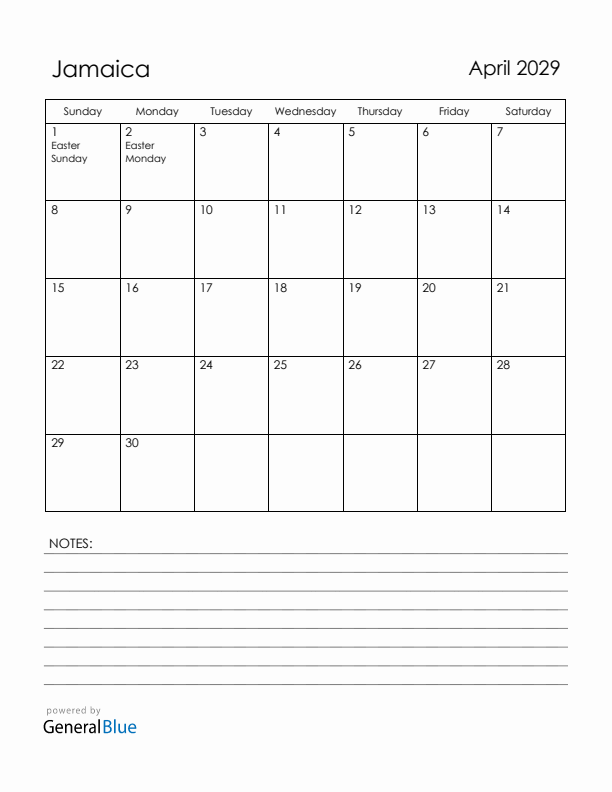 April 2029 Jamaica Calendar with Holidays (Sunday Start)