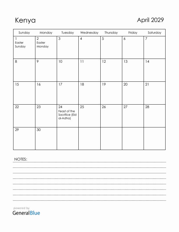 April 2029 Kenya Calendar with Holidays (Sunday Start)