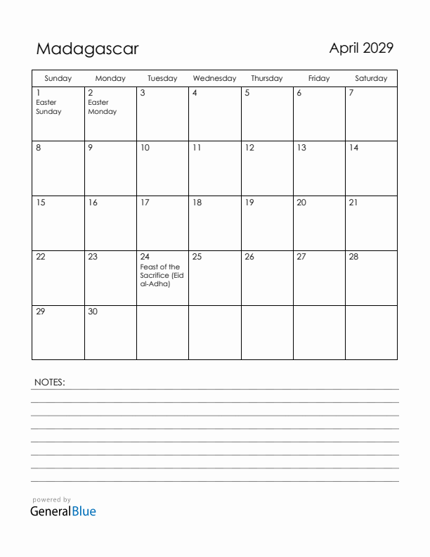 April 2029 Madagascar Calendar with Holidays (Sunday Start)