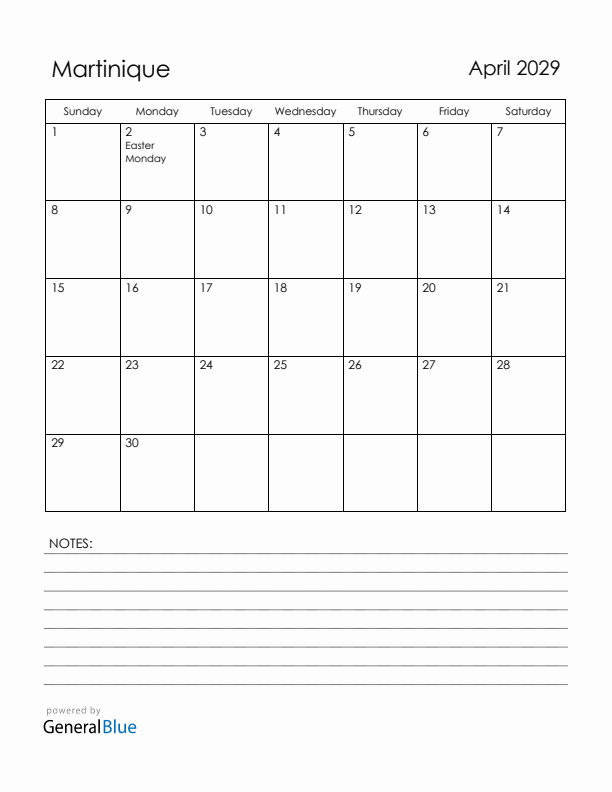 April 2029 Martinique Calendar with Holidays (Sunday Start)