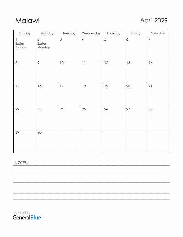 April 2029 Malawi Calendar with Holidays (Sunday Start)