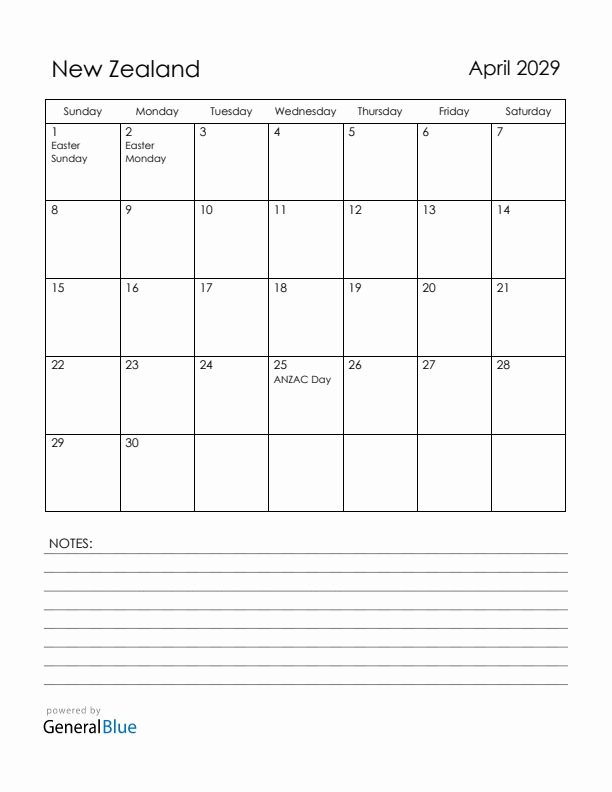 April 2029 New Zealand Calendar with Holidays (Sunday Start)