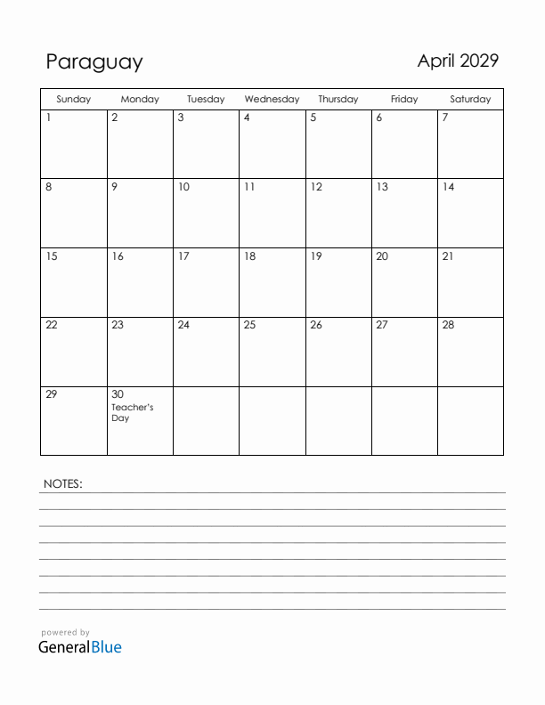 April 2029 Paraguay Calendar with Holidays (Sunday Start)
